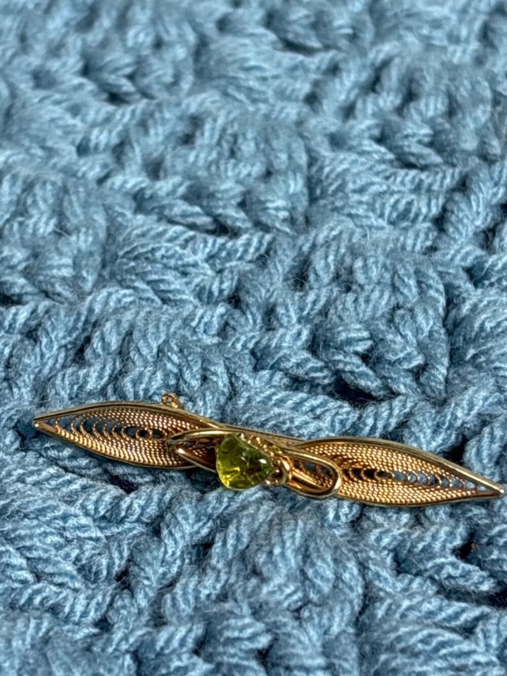 Vintage Goldtone Filigree Bar Brooch Green Glass 2 inches